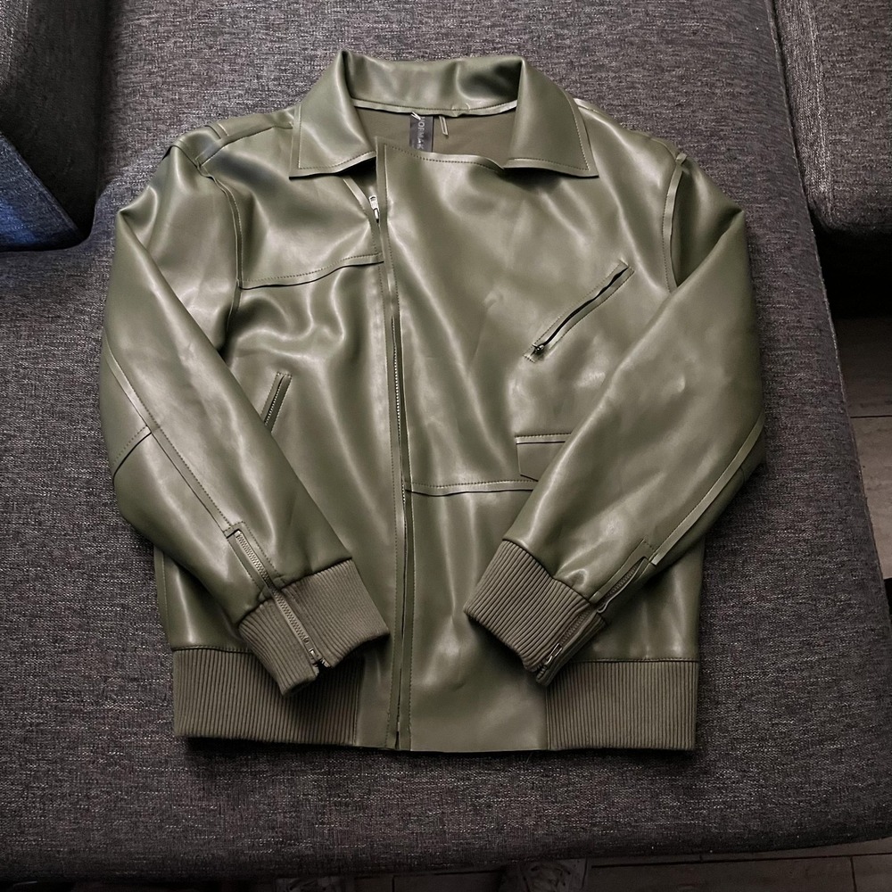 Norma Kamali Jacket Womens XS Green Faux Leather Bomber Zip Pockets Ribbed